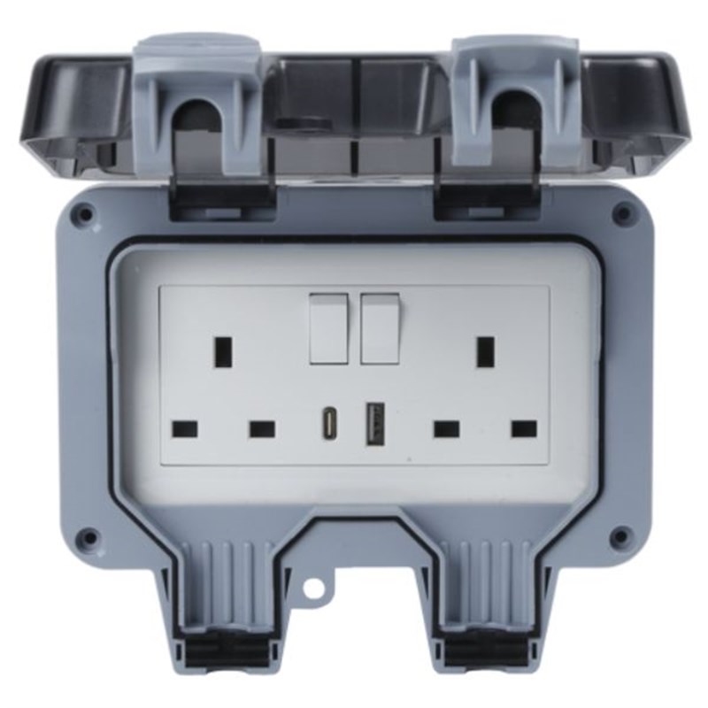 Socket 2 Gang USB IP66 377787 Outdoor W/proof